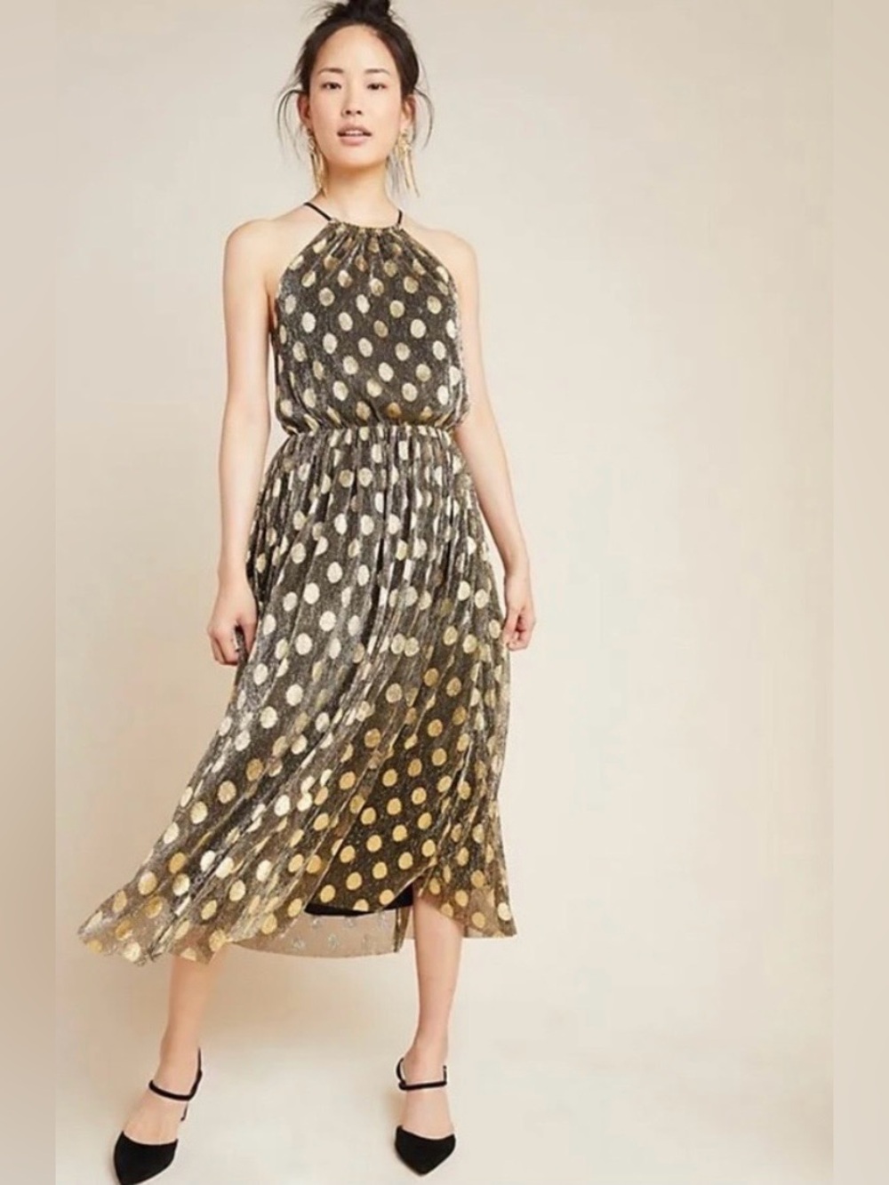 Simply in Fashion Black Gold Metallic Polka Dot Dress M